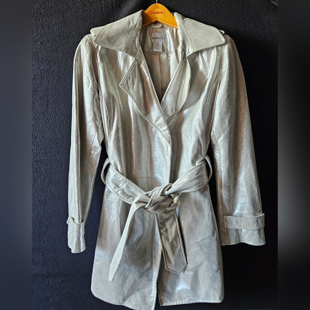 CHICO’S Leather Trench Coat Size 0‎ Or 4/6 Silver  Shimmer Belted